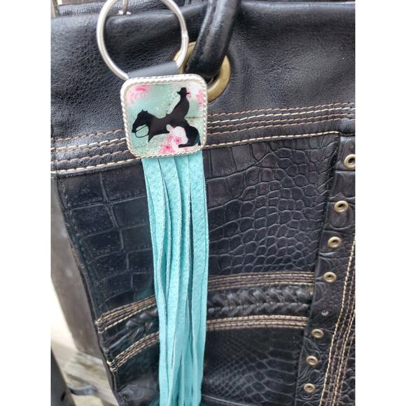 Handmade boho cow horse Leather Fringe Western bag charm, Long fringe keychain - Picture 1 of 3